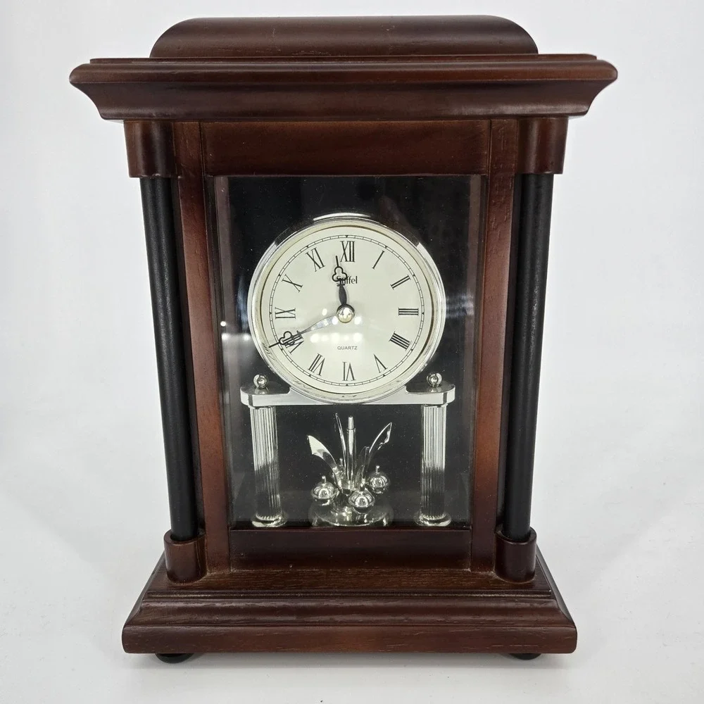 Stiffel Quartz Mantel Clock Rotating Pendulum Wood Glass Case Working Vintage